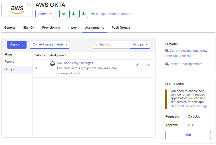 Assign groups to AWS app in Okta
