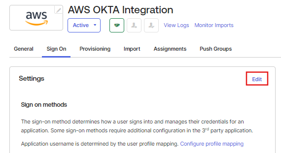 Edit Sign On settings in Okta