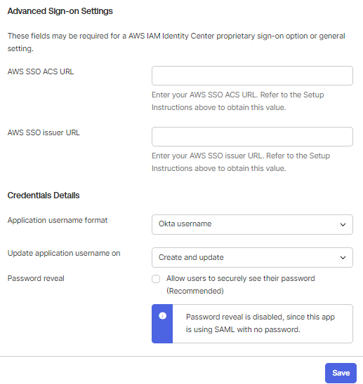 Okta fields for AWS SSO ACS and Issuer