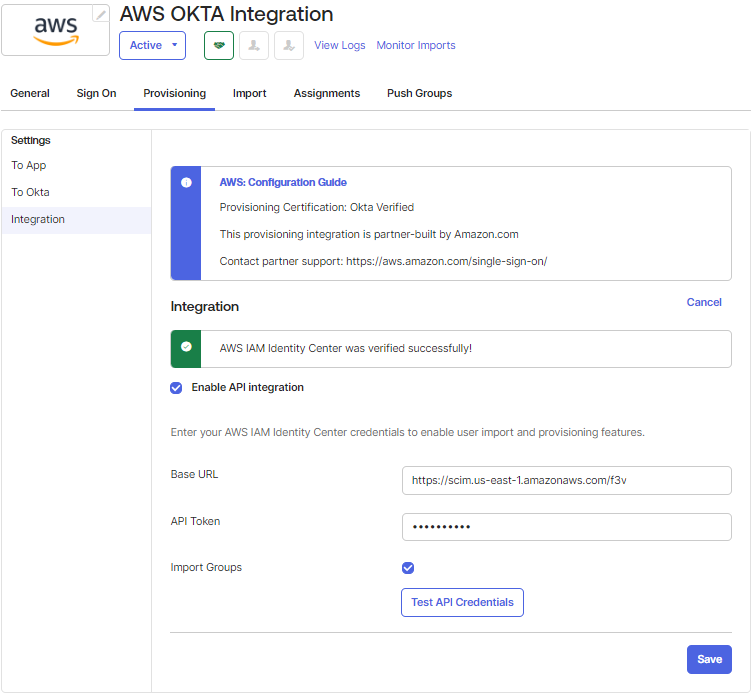 Test API credentials in Okta